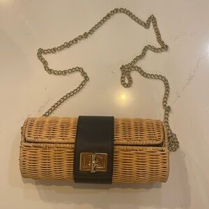 Talbots Rattan and Blue Leather Purse with Metal Chain and Lock Closure